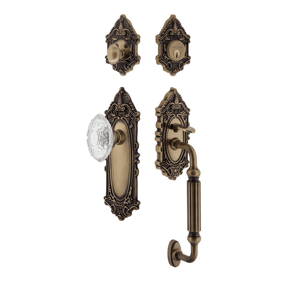 Nostalgic 756033: Entry Lockset w/Victorian Backplate, F-Grip Exterior Handle and Victorian Crystal Knob - Antique Brass