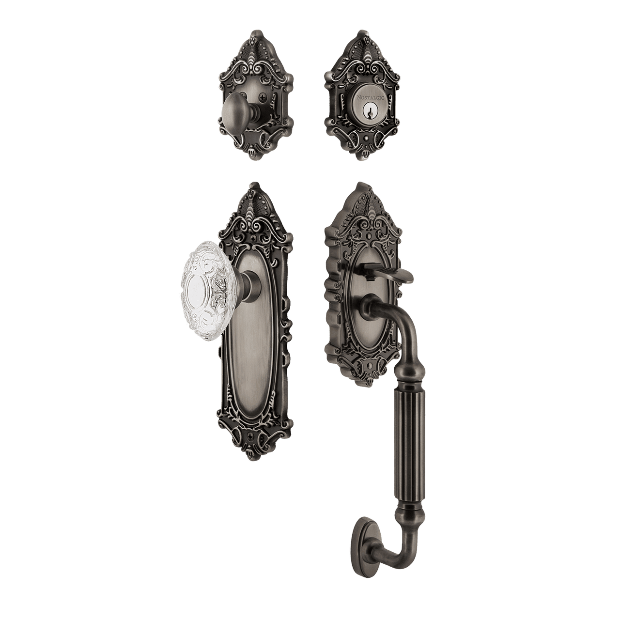 Nostalgic 756045: Entry Lockset w/Victorian Backplate, F-Grip Exterior Handle and Victorian Crystal Knob - Antique Pewter