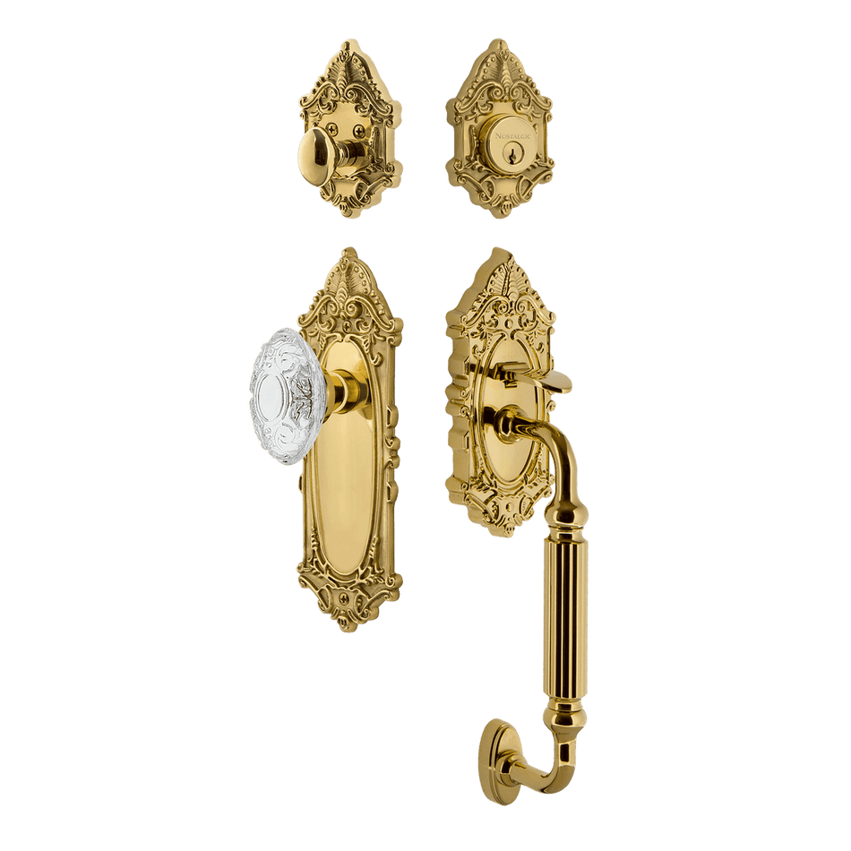 Nostalgic 756057: Entry Lockset w/Victorian Backplate, F-Grip Exterior Handle and Victorian Crystal Knob - Polished Brass