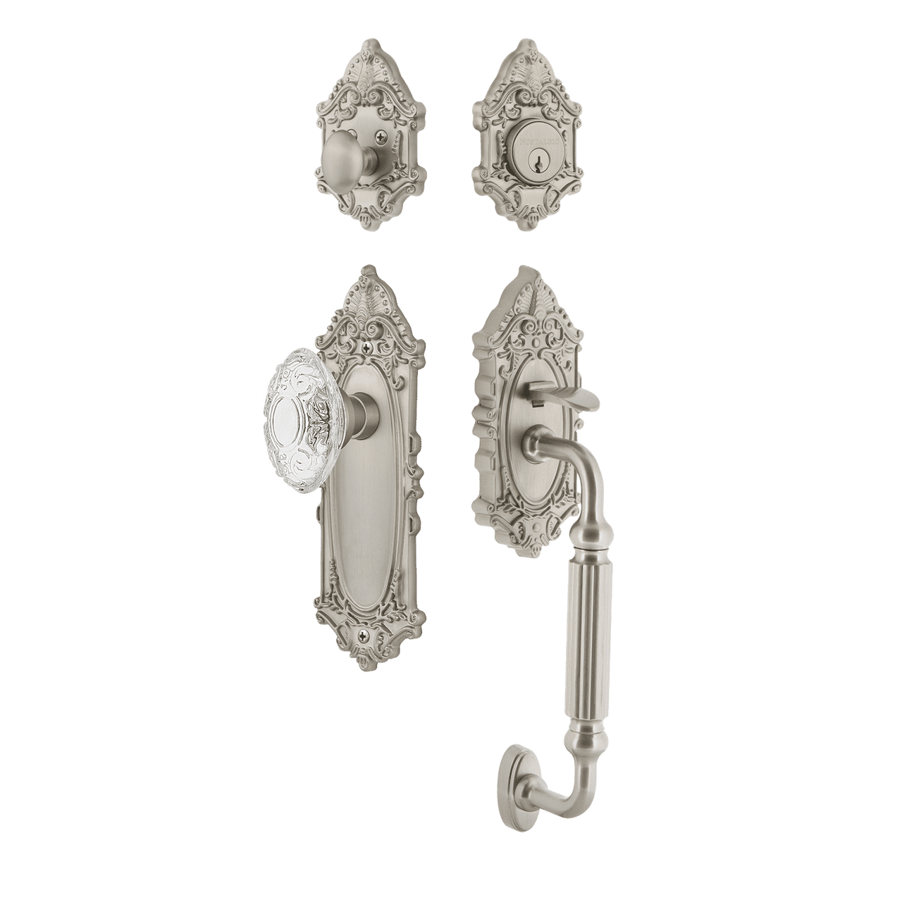 Nostalgic 756068: Entry Lockset w/Victorian Backplate, F-Grip Exterior Handle and Victorian Crystal Knob - Satin Nickel