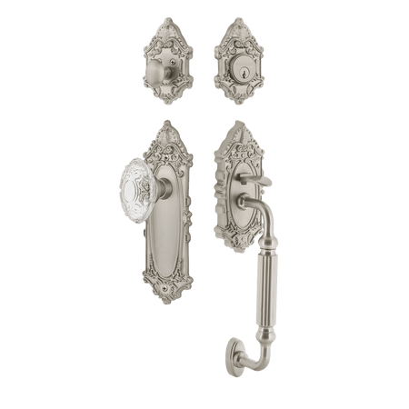 Nostalgic 756069: Entry Lockset w/Victorian Backplate, F-Grip Exterior Handle and Victorian Crystal Knob - Satin Nickel