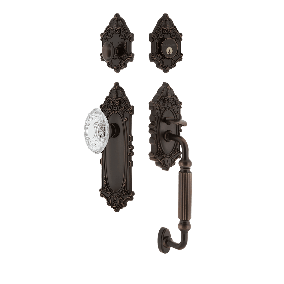 Nostalgic 756081: Entry Lockset w/Victorian Backplate, F-Grip Exterior Handle and Victorian Crystal Knob - Timeless Bronze