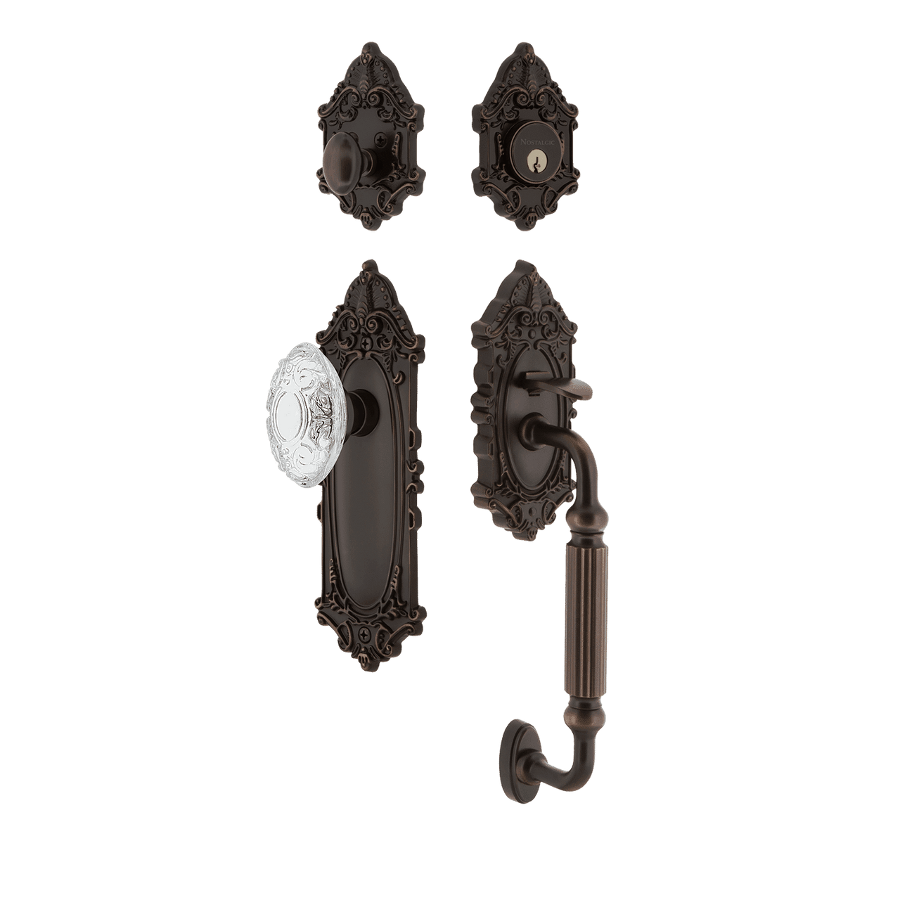 Nostalgic 756080: Entry Lockset w/Victorian Backplate, F-Grip Exterior Handle and Victorian Crystal Knob - Timeless Bronze