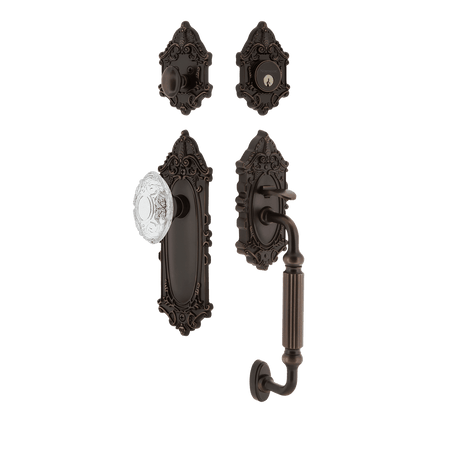 Nostalgic 756080: Entry Lockset w/Victorian Backplate, F-Grip Exterior Handle and Victorian Crystal Knob - Timeless Bronze