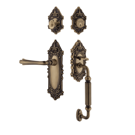 Nostalgic 771342: Entry Lockset w/Victorian Backplate, F-Grip Exterior Handle and Fleur Interior Lever - Antique Brass