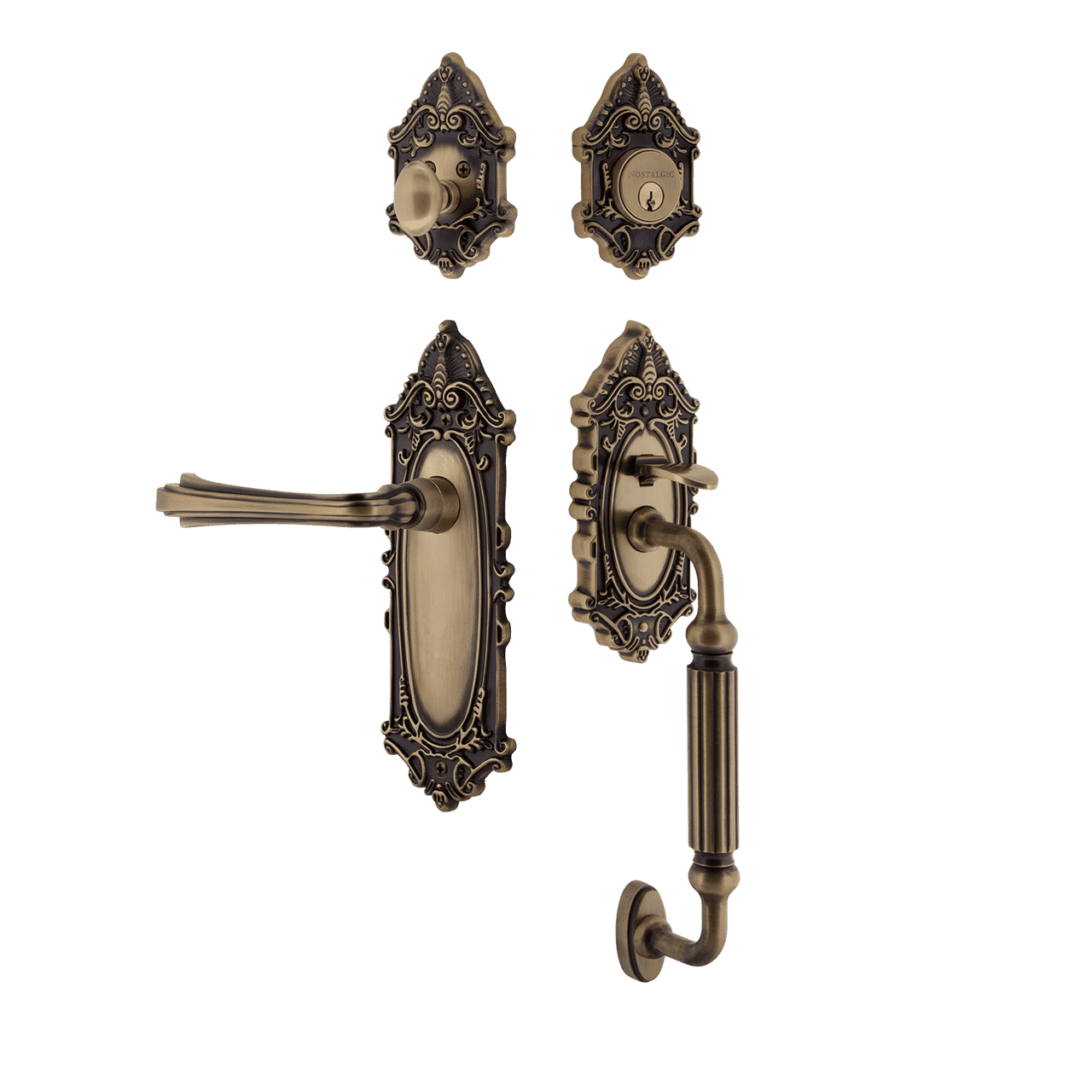Nostalgic 771386: Entry Lockset w/Victorian Backplate, F-Grip Exterior Handle and Fleur Interior Lever - Antique Brass