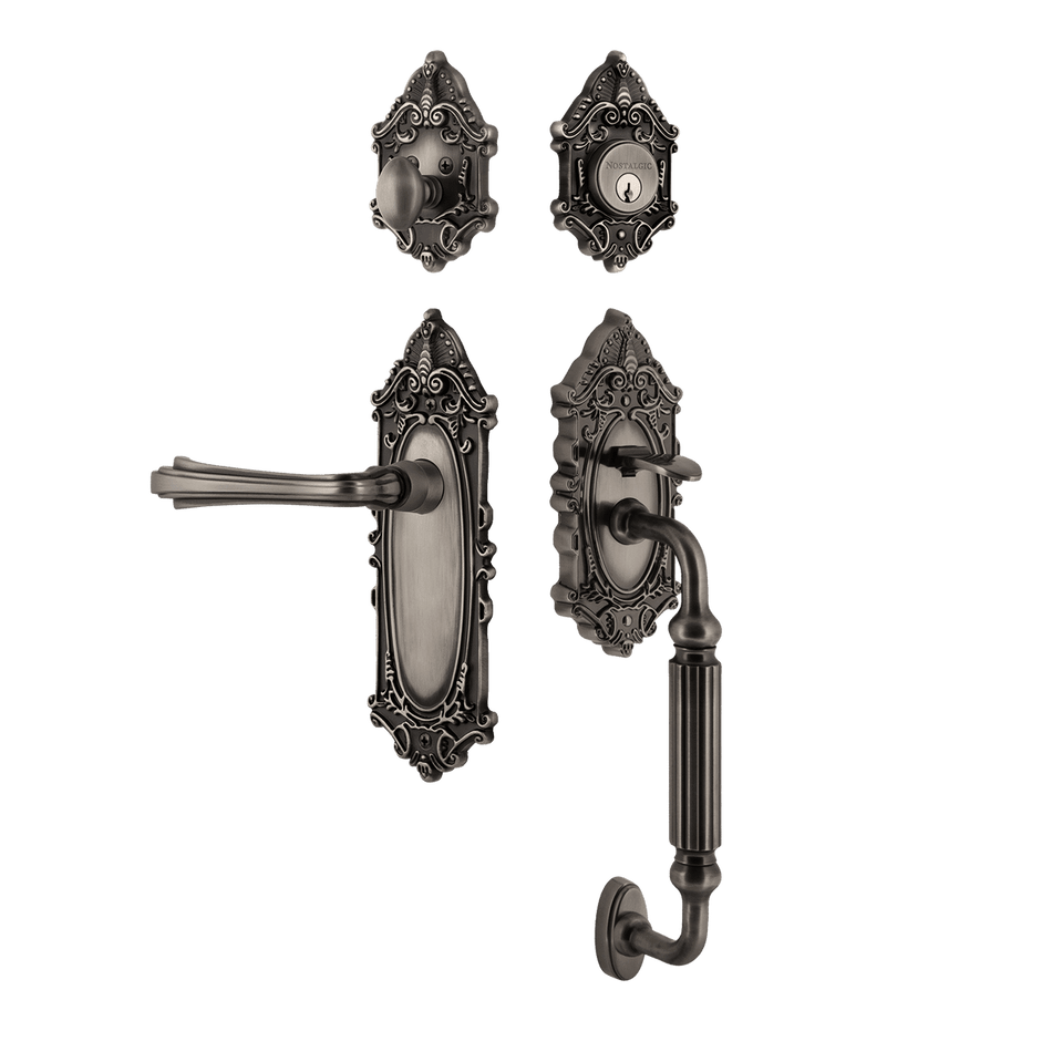 Nostalgic 769237: Entry Lockset w/Victorian Backplate, F-Grip Exterior Handle and Fleur Interior Lever - Antique Pewter