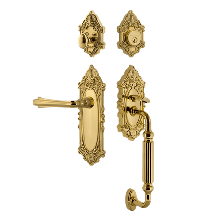 Nostalgic 769243: Entry Lockset w/Victorian Backplate, F-Grip Exterior Handle and Fleur Interior Lever - Polished Brass