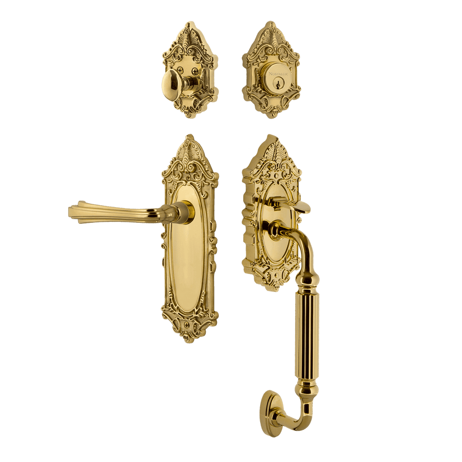 Nostalgic 769238: Entry Lockset w/Victorian Backplate, F-Grip Exterior Handle and Fleur Interior Lever - Polished Brass