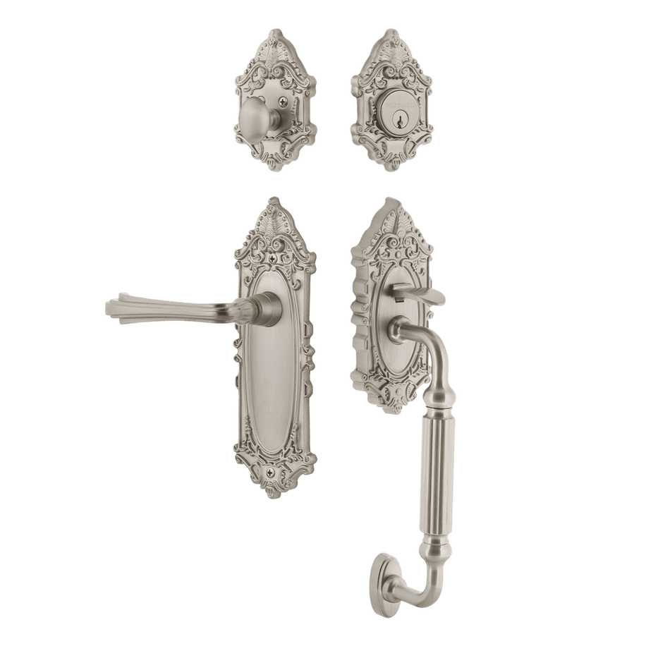 Nostalgic 769240: Entry Lockset w/Victorian Backplate, F-Grip Exterior Handle and Fleur Interior Lever - Satin Nickel