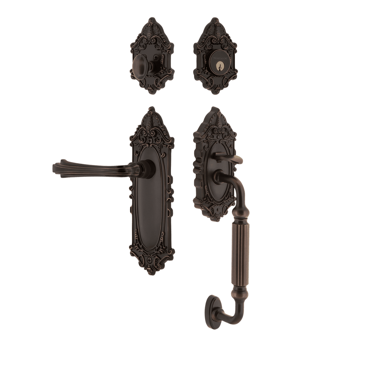 Nostalgic 771389: Entry Lockset w/Victorian Backplate, F-Grip Exterior Handle and Fleur Interior Lever - Timeless Bronze