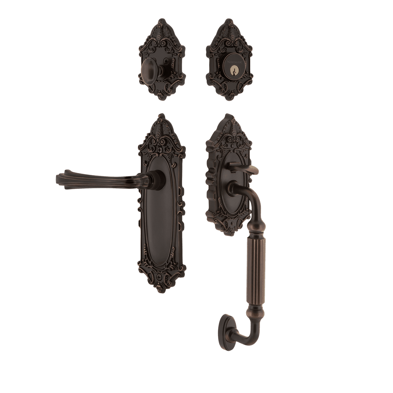 Nostalgic 771389: Entry Lockset w/Victorian Backplate, F-Grip Exterior Handle and Fleur Interior Lever - Timeless Bronze