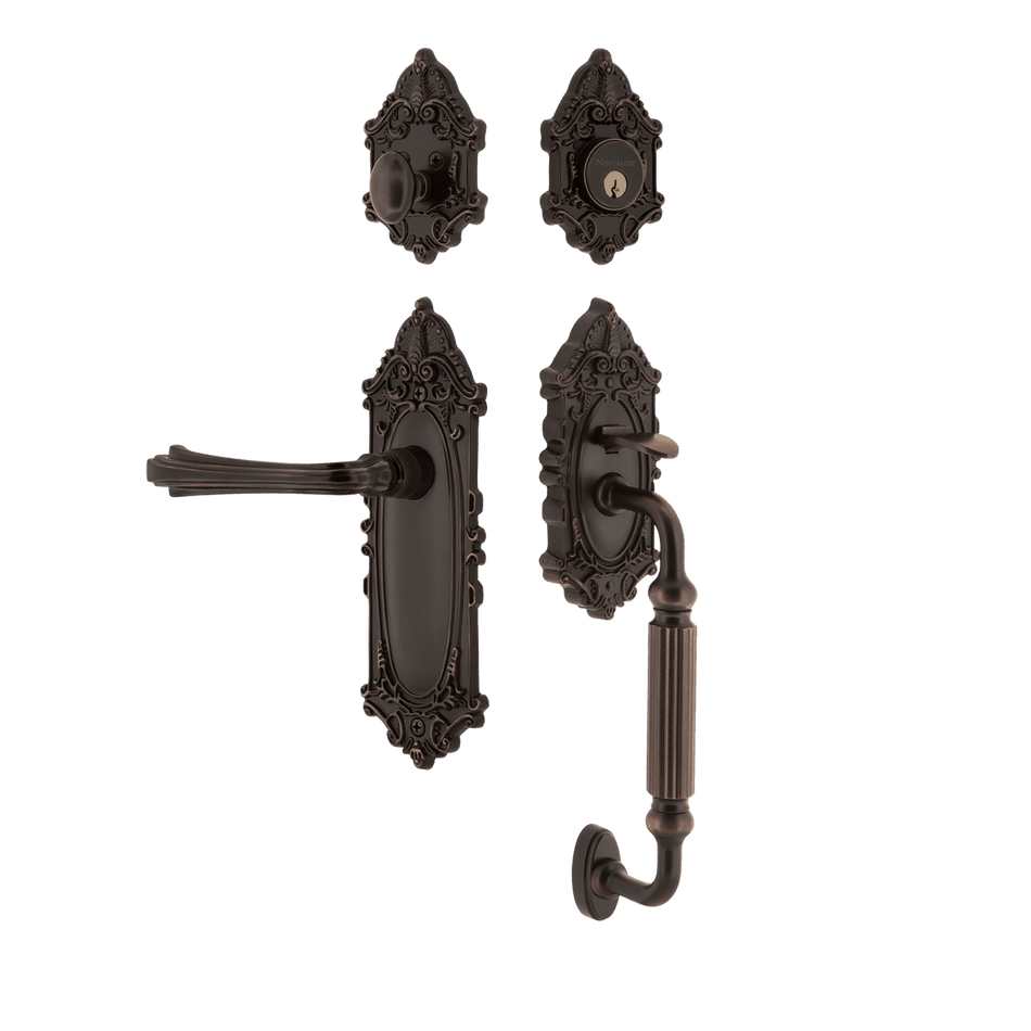 Nostalgic 769246: Entry Lockset w/Victorian Backplate, F-Grip Exterior Handle and Fleur Interior Lever - Timeless Bronze