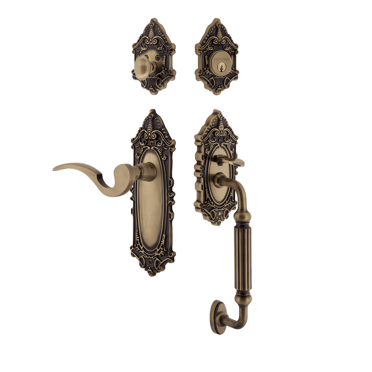 Nostalgic 771419: Entry Lockset w/Victorian Backplate, F-Grip Exterior Handle and Manor Interior Lever - Antique Brass