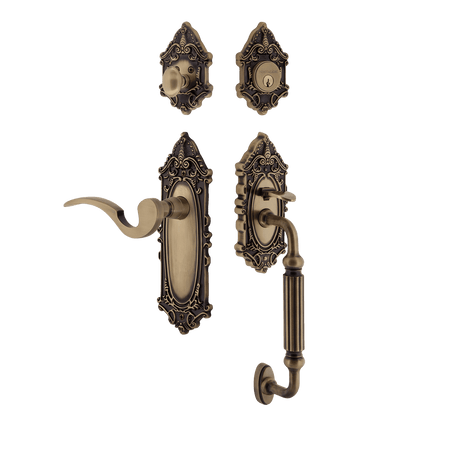 Nostalgic 767848: Entry Lockset w/Victorian Backplate, F-Grip Exterior Handle and Manor Interior Lever - Antique Brass