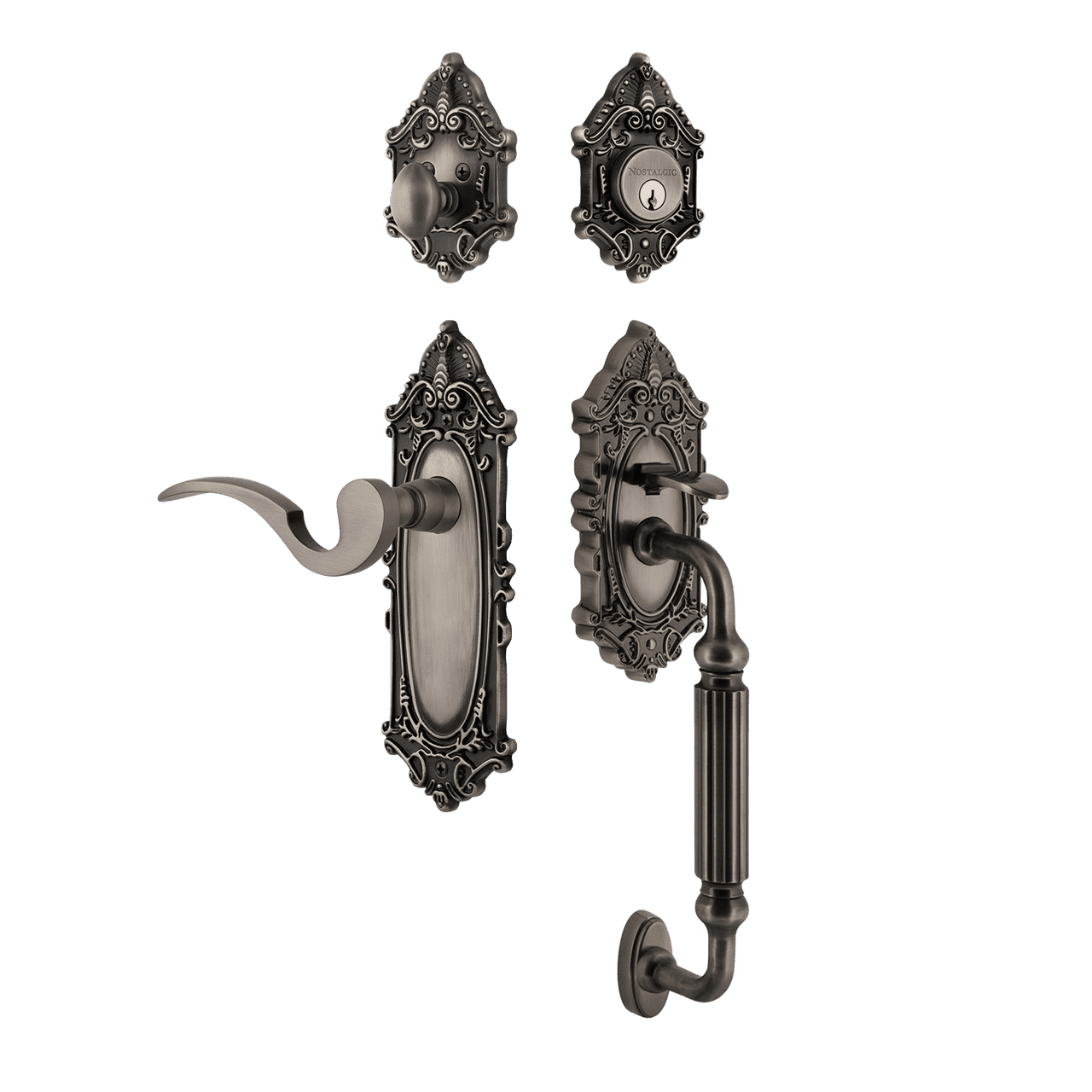 Nostalgic 771414: Entry Lockset w/Victorian Backplate, F-Grip Exterior Handle and Manor Interior Lever - Antique Pewter