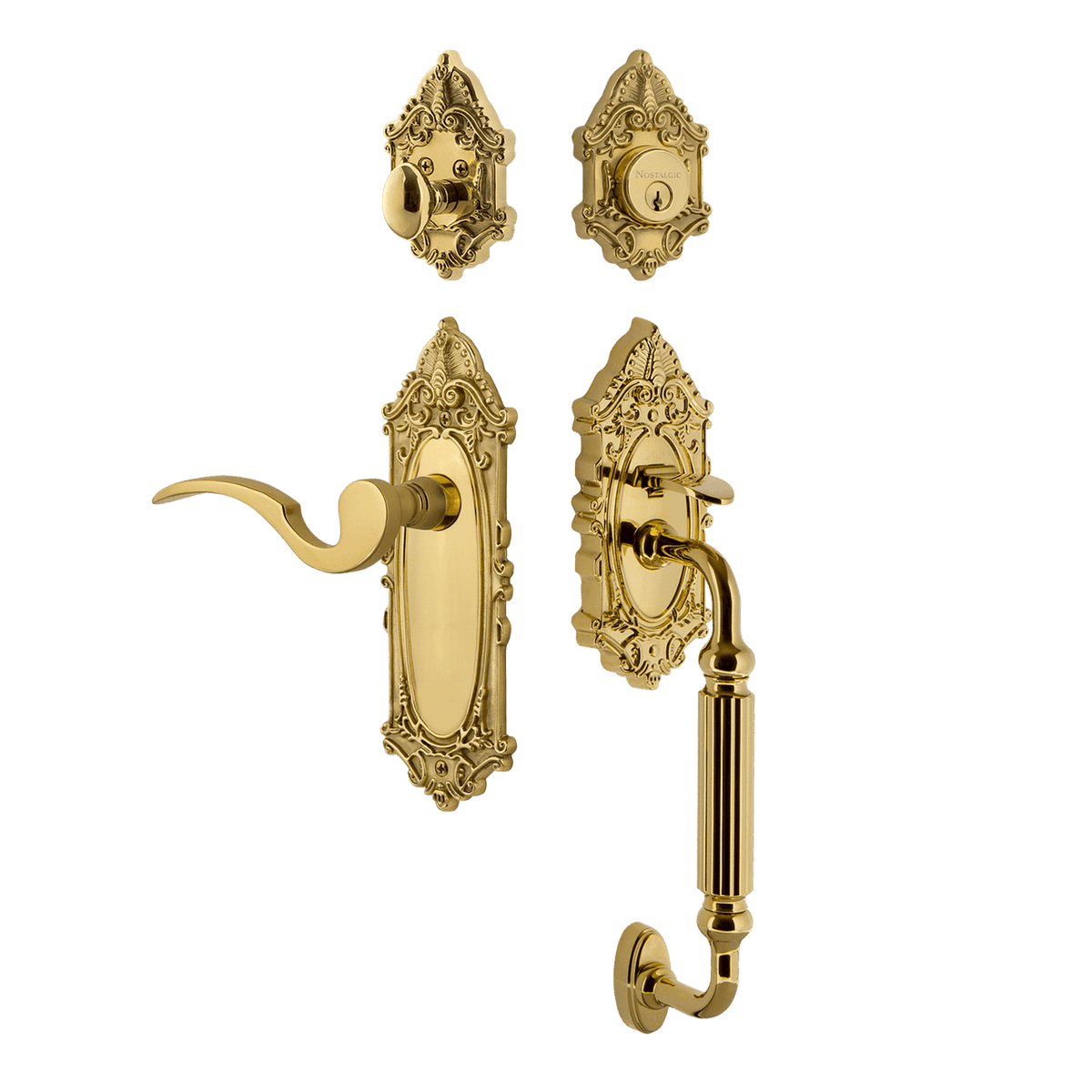 Nostalgic 771410: Entry Lockset w/Victorian Backplate, F-Grip Exterior Handle and Manor Interior Lever - Polished Brass
