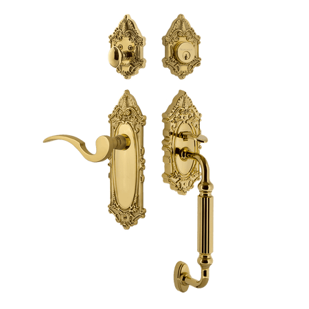 Nostalgic 767844: Entry Lockset w/Victorian Backplate, F-Grip Exterior Handle and Manor Interior Lever - Polished Brass