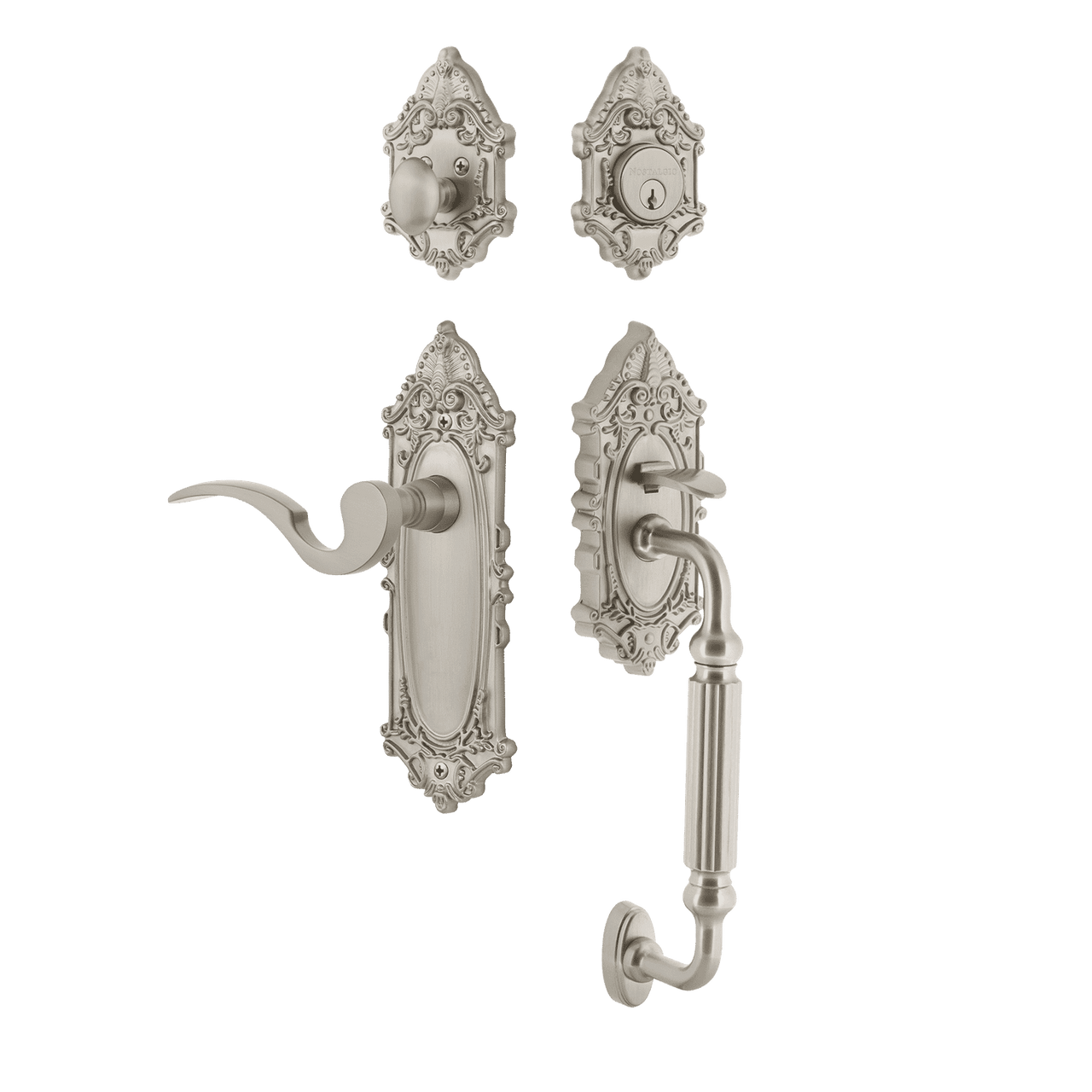 Nostalgic 767846: Entry Lockset w/Victorian Backplate, F-Grip Exterior Handle and Manor Interior Lever - Satin Nickel