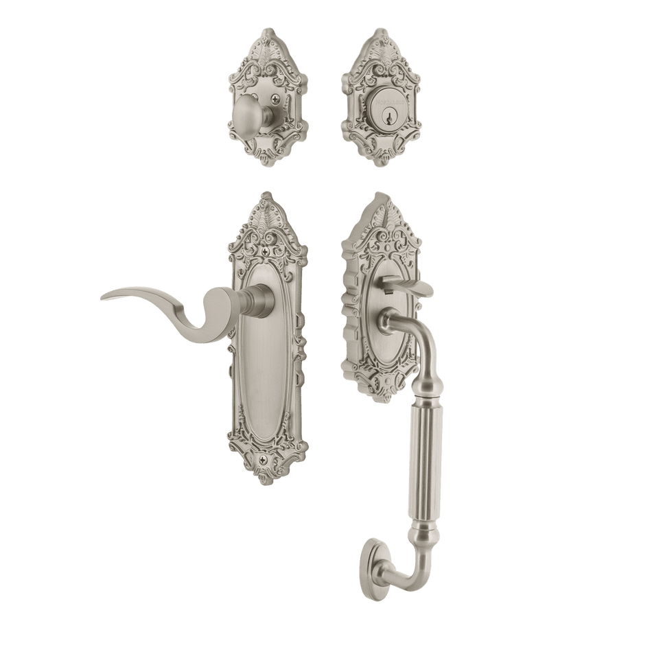 Nostalgic 771413: Entry Lockset w/Victorian Backplate, F-Grip Exterior Handle and Manor Interior Lever - Satin Nickel