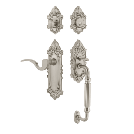 Nostalgic 771415: Entry Lockset w/Victorian Backplate, F-Grip Exterior Handle and Manor Interior Lever - Satin Nickel