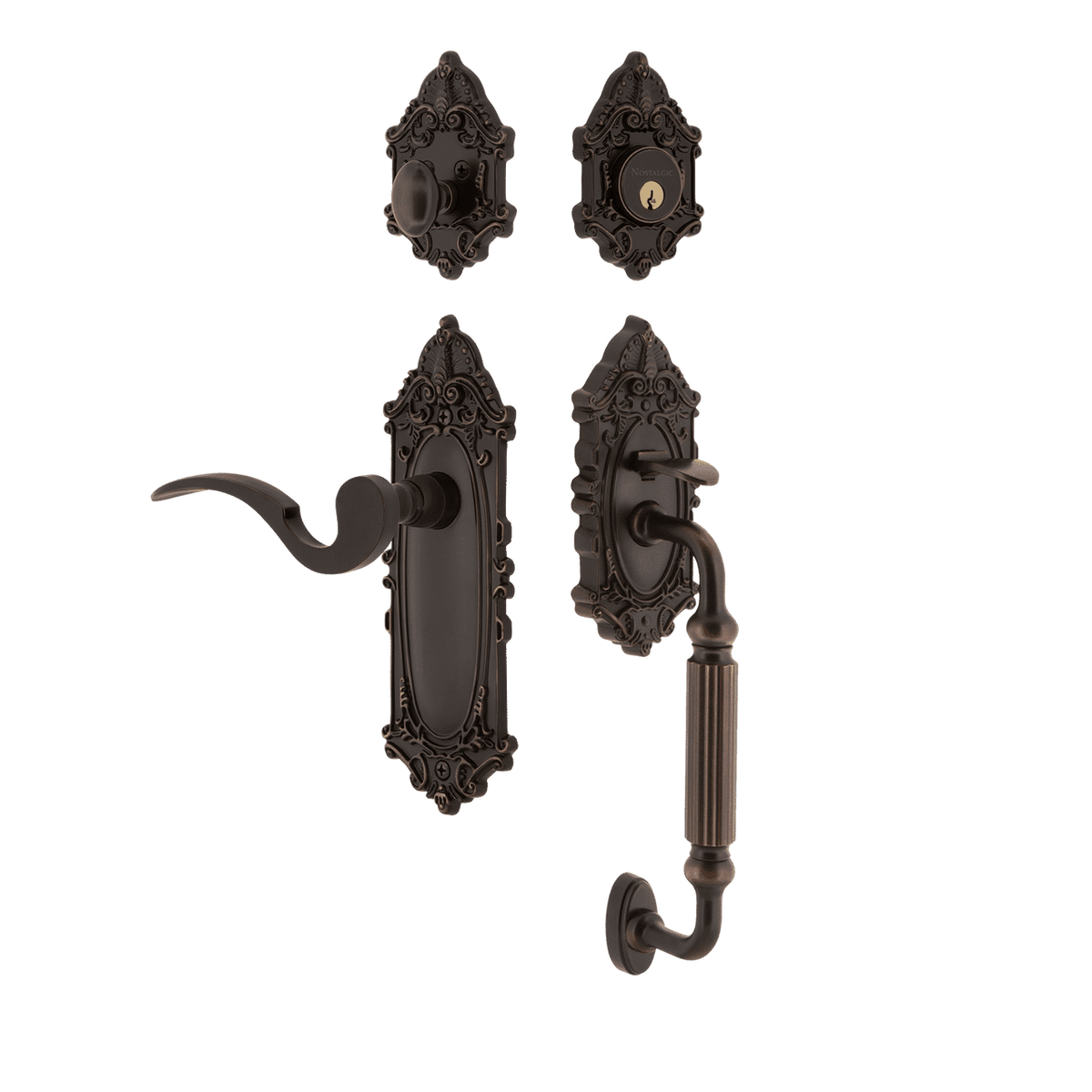 Nostalgic 771412: Entry Lockset w/Victorian Backplate, F-Grip Exterior Handle and Manor Interior Lever - Timeless Bronze