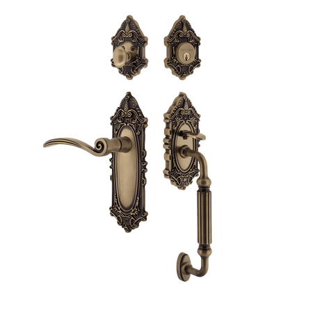 Nostalgic 771533: Entry Lockset w/Victorian Backplate, F-Grip Exterior Handle and Swan Interior Lever - Antique Brass