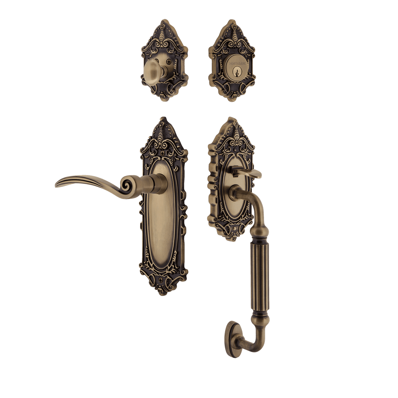 Nostalgic 771542: Entry Lockset w/Victorian Backplate, F-Grip Exterior Handle and Swan Interior Lever - Antique Brass
