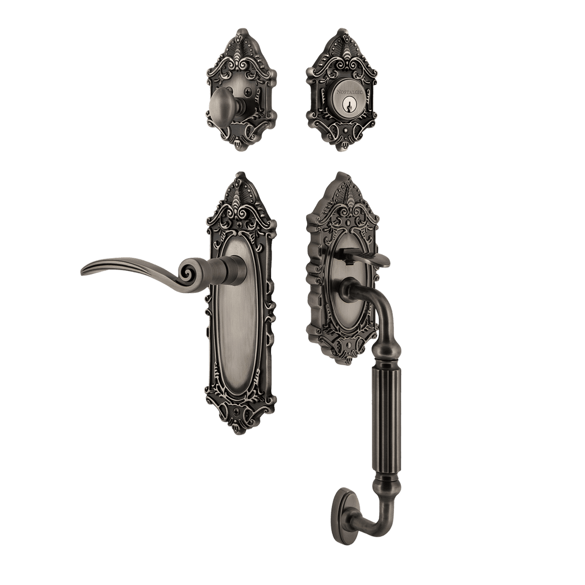 Nostalgic 771497: Entry Lockset w/Victorian Backplate, F-Grip Exterior Handle and Swan Interior Lever - Antique Pewter