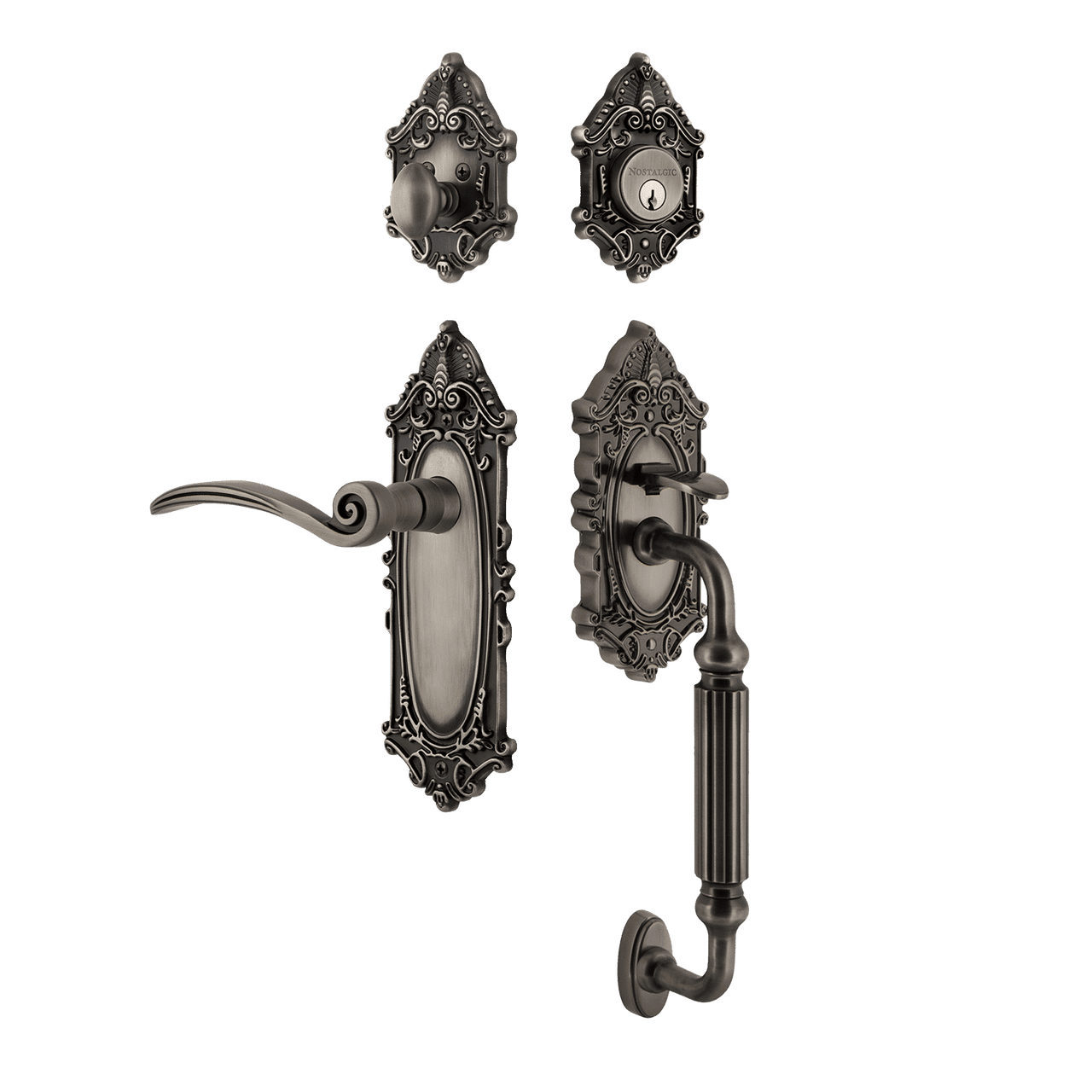 Nostalgic 771497: Entry Lockset w/Victorian Backplate, F-Grip Exterior Handle and Swan Interior Lever - Antique Pewter
