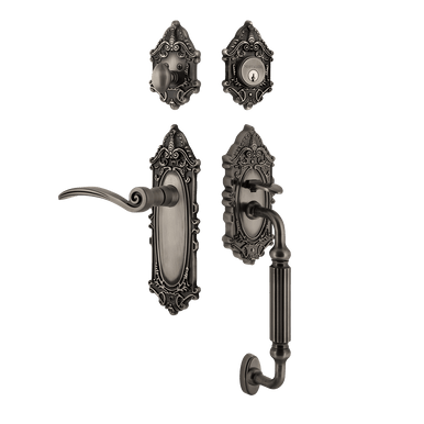 Nostalgic 768540: Entry Lockset w/Victorian Backplate, F-Grip Exterior Handle and Swan Interior Lever - Antique Pewter