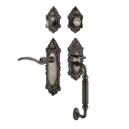 Nostalgic 771498: Entry Lockset w/Victorian Backplate, F-Grip Exterior Handle and Swan Interior Lever - Antique Pewter