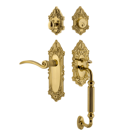 Nostalgic 771534: Entry Lockset w/Victorian Backplate, F-Grip Exterior Handle and Swan Interior Lever - Polished Brass