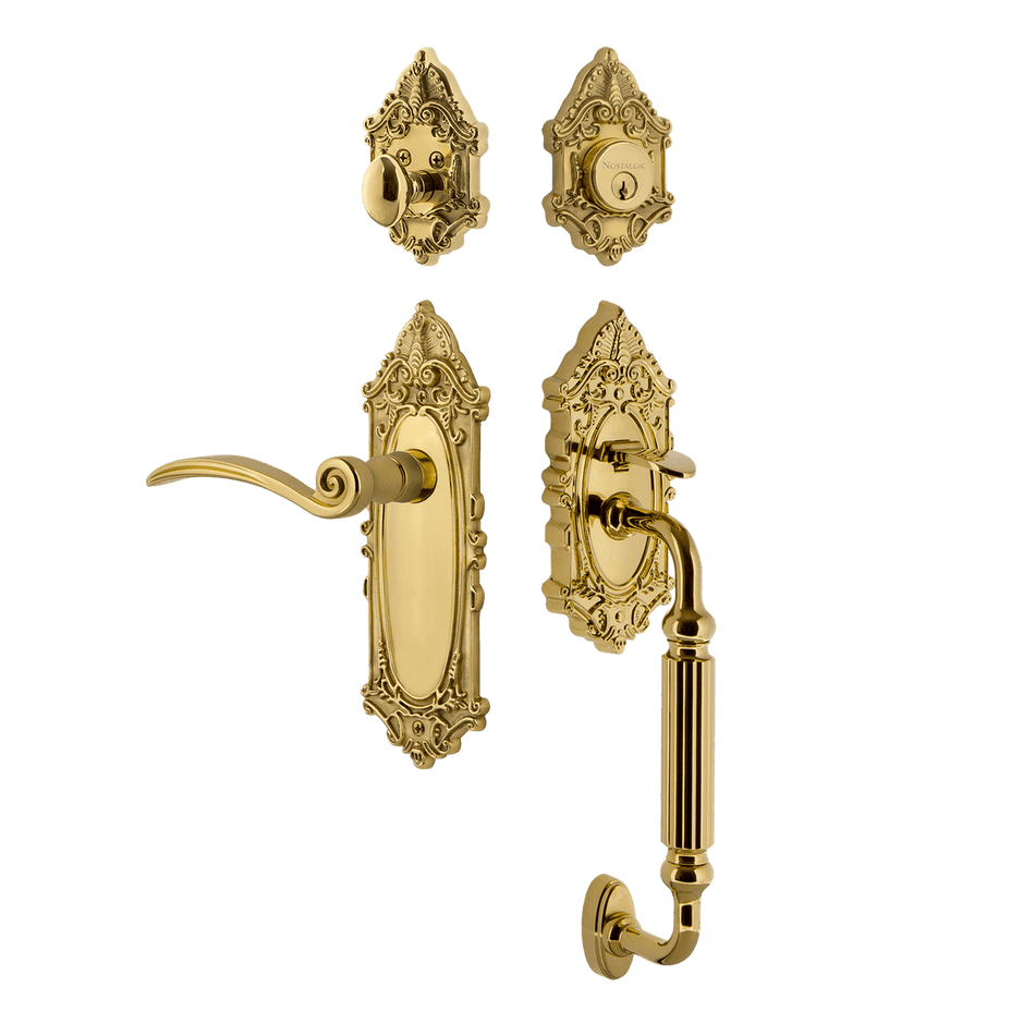 Nostalgic 771534: Entry Lockset w/Victorian Backplate, F-Grip Exterior Handle and Swan Interior Lever - Polished Brass