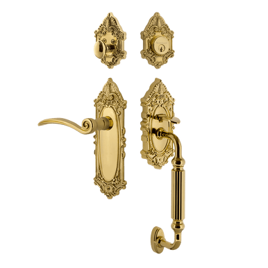 Nostalgic 771534: Entry Lockset w/Victorian Backplate, F-Grip Exterior Handle and Swan Interior Lever - Polished Brass