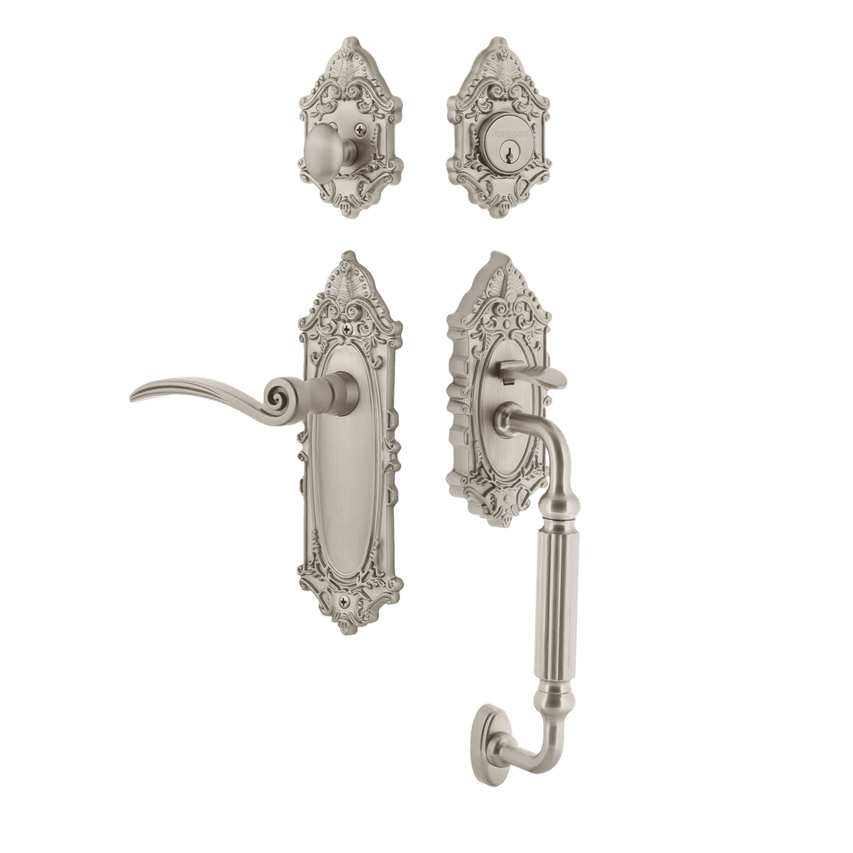 Nostalgic 771535: Entry Lockset w/Victorian Backplate, F-Grip Exterior Handle and Swan Interior Lever - Satin Nickel