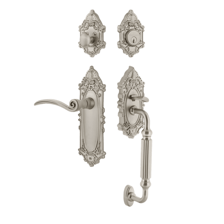Nostalgic 771535: Entry Lockset w/Victorian Backplate, F-Grip Exterior Handle and Swan Interior Lever - Satin Nickel