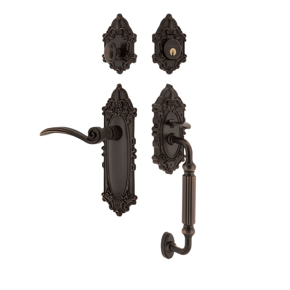 Nostalgic 771541: Entry Lockset w/Victorian Backplate, F-Grip Exterior Handle and Swan Interior Lever - Timeless Bronze