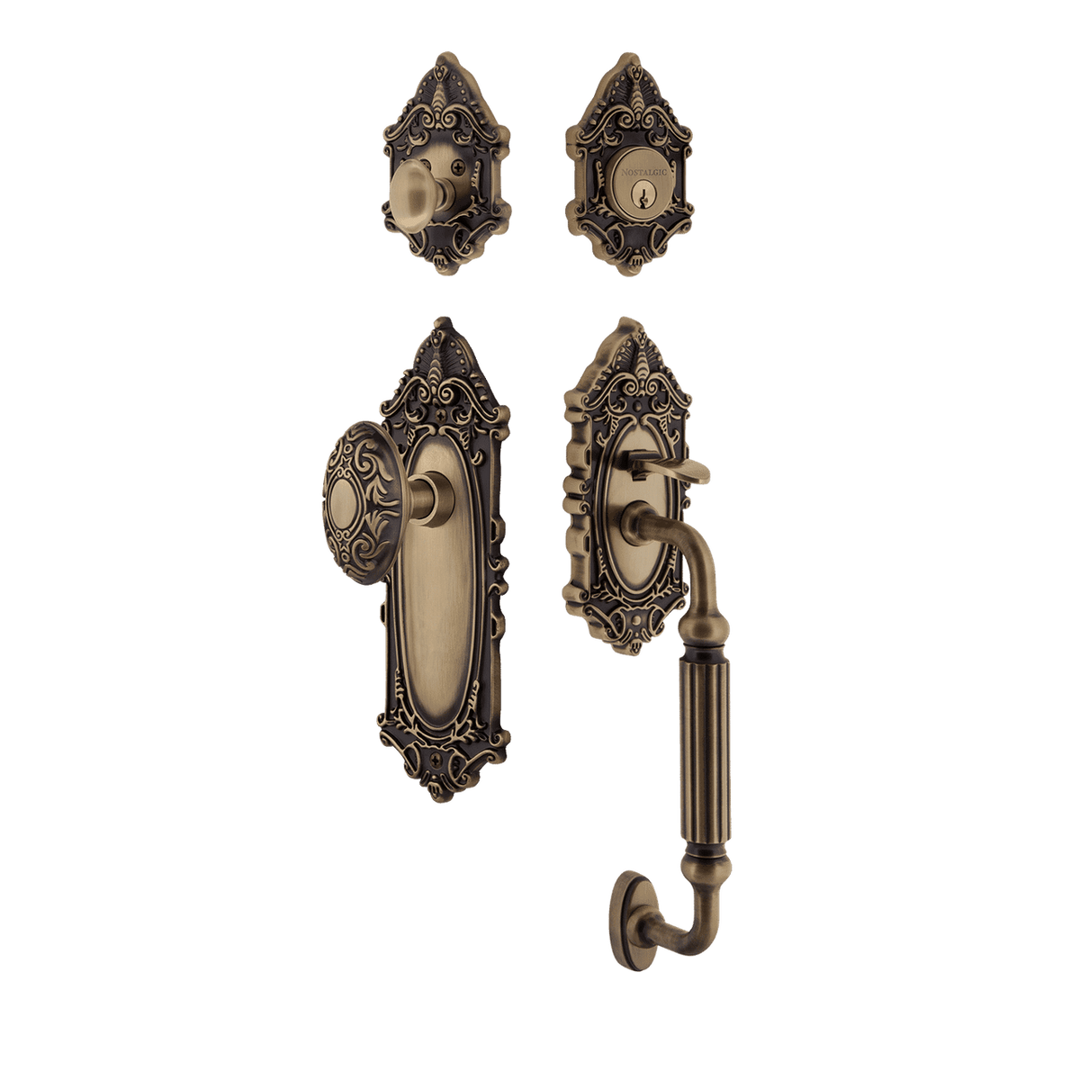 Nostalgic 727669: Entry Lockset w/Victorian Backplate, F-Grip Exterior Handle and Victorian Knob - Antique Brass
