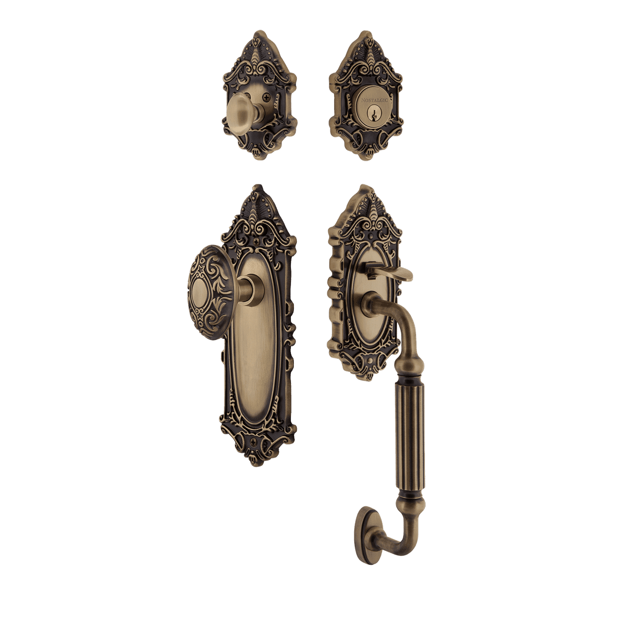 Nostalgic 719444: Entry Lockset w/Victorian Backplate, F-Grip Exterior Handle and Victorian Knob - Antique Brass