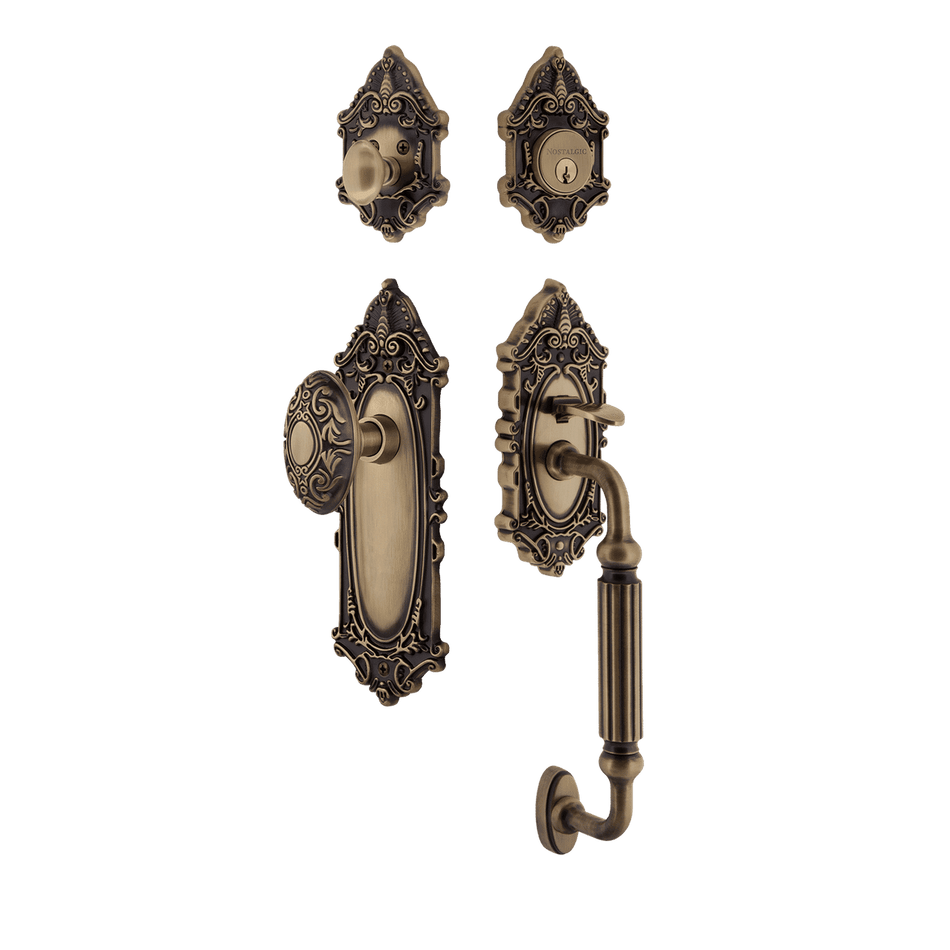 Nostalgic 719444: Entry Lockset w/Victorian Backplate, F-Grip Exterior Handle and Victorian Knob - Antique Brass