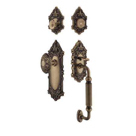 Nostalgic 719394: Entry Lockset w/Victorian Backplate, F-Grip Exterior Handle and Victorian Knob - Antique Brass