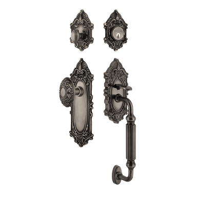Nostalgic 727654: Entry Lockset w/Victorian Backplate, F-Grip Exterior Handle and Victorian Knob - Antique Pewter