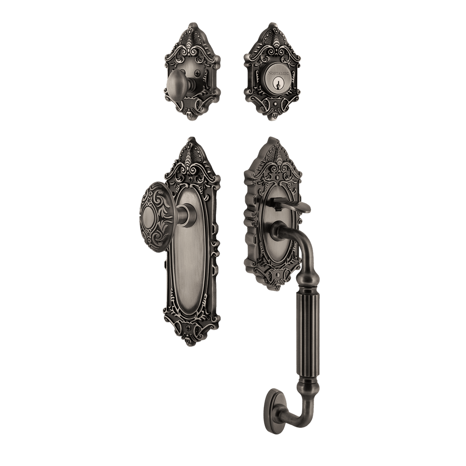 Nostalgic 719445: Entry Lockset w/Victorian Backplate, F-Grip Exterior Handle and Victorian Knob - Antique Pewter