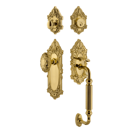 Nostalgic 727803: Entry Lockset w/Victorian Backplate, F-Grip Exterior Handle and Victorian Knob - Polished Brass