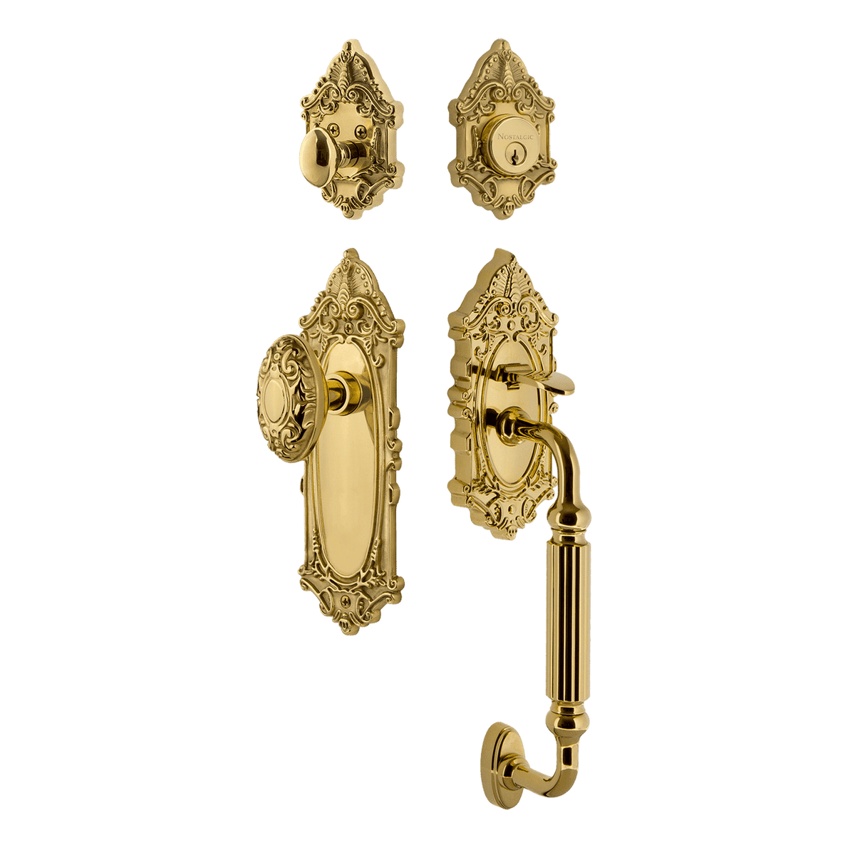 Nostalgic 727817: Entry Lockset w/Victorian Backplate, F-Grip Exterior Handle and Victorian Knob - Polished Brass