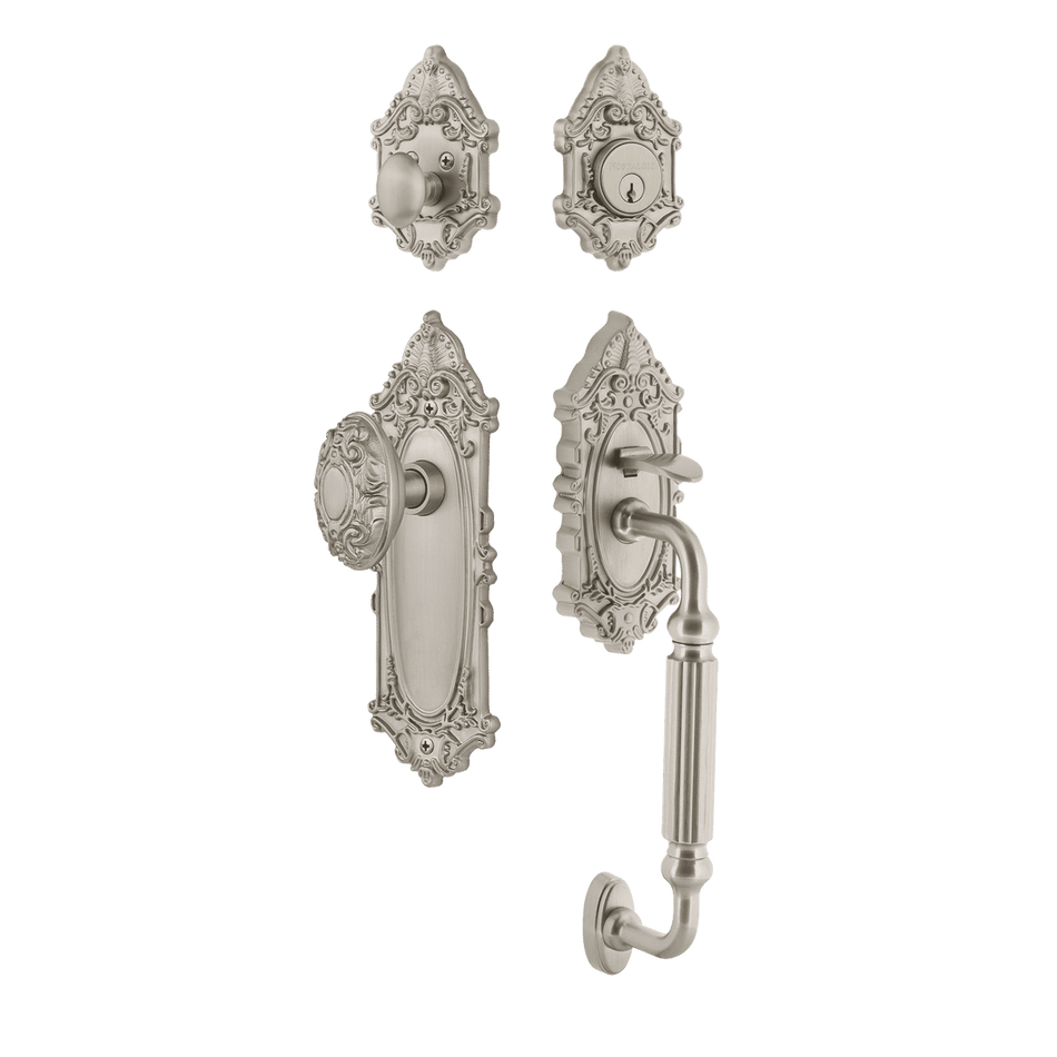 Nostalgic 727798: Entry Lockset w/Victorian Backplate, F-Grip Exterior Handle and Victorian Knob - Satin Nickel