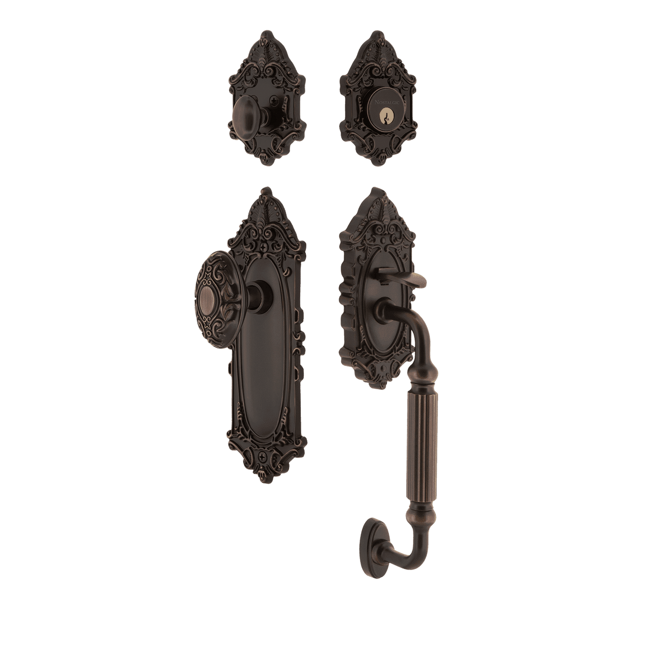 Nostalgic 727717: Entry Lockset w/Victorian Backplate, F-Grip Exterior Handle and Victorian Knob - Timeless Bronze