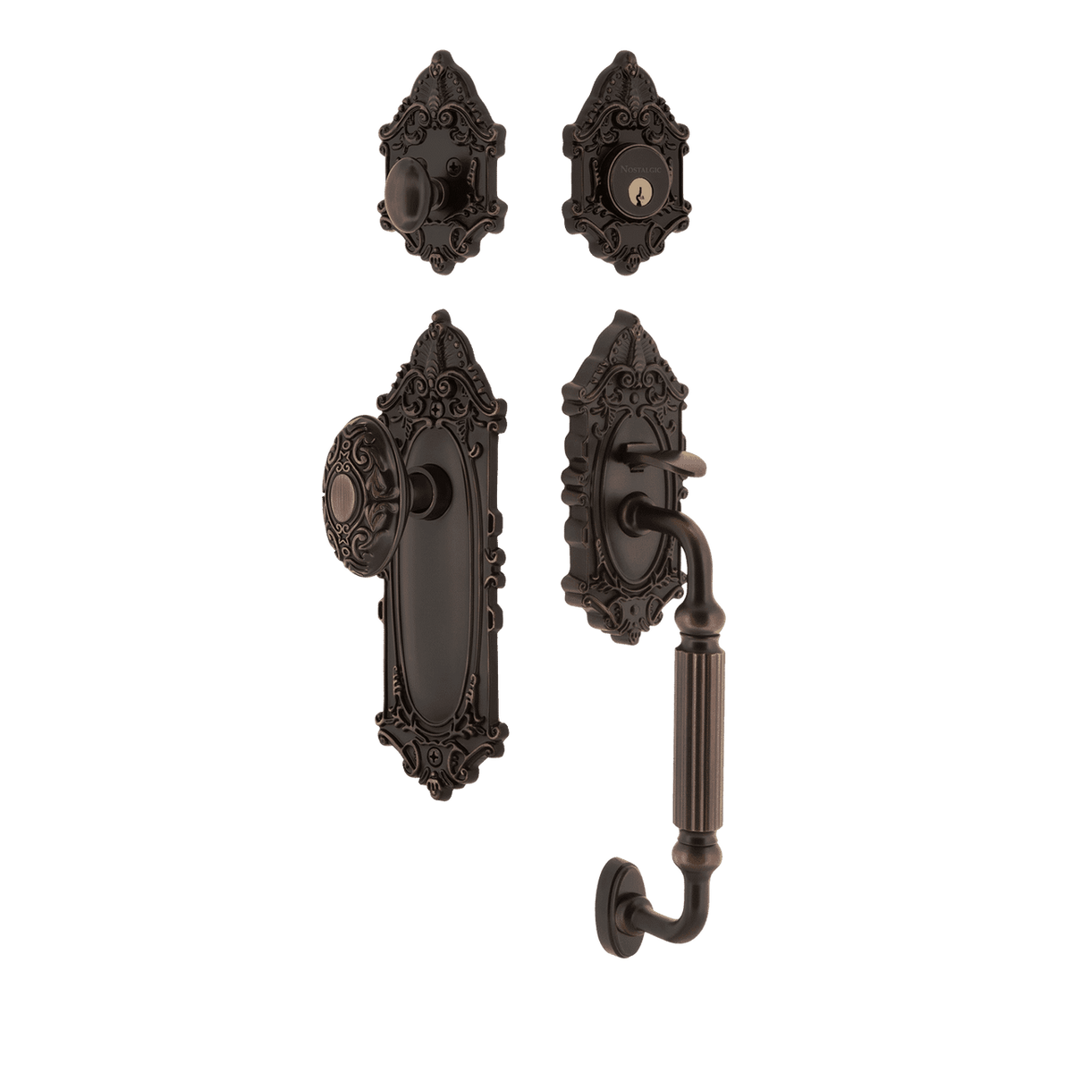 Nostalgic 719393: Entry Lockset w/Victorian Backplate, F-Grip Exterior Handle and Victorian Knob - Timeless Bronze