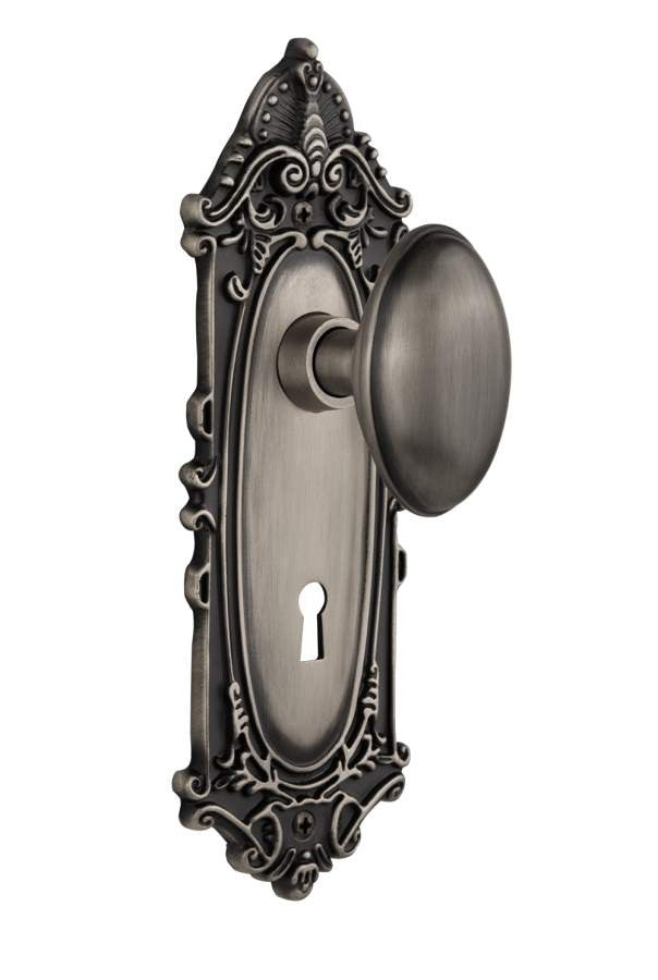 Nostalgic 704025: Victorian Backplate w/Homestead Knob Privacy Door Set - Antique Pewter